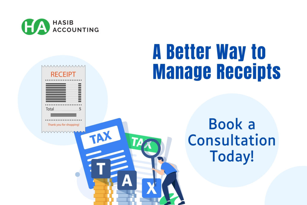 A professional guide by Hasib Accounting LLC showing how to organize business receipts digitally instead of using a shoebox.