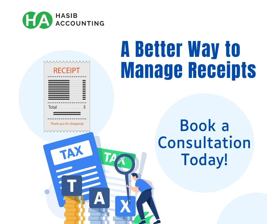 A professional guide by Hasib Accounting LLC showing how to organize business receipts digitally instead of using a shoebox.